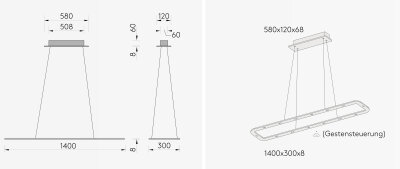 Byok Lighting Piani Lungo 140 rechteckige formal extrem reduzierte Pendelleuchte mit Gestensteuerung (Dim2Warm) oder TRIAC dimmbar (2700K)