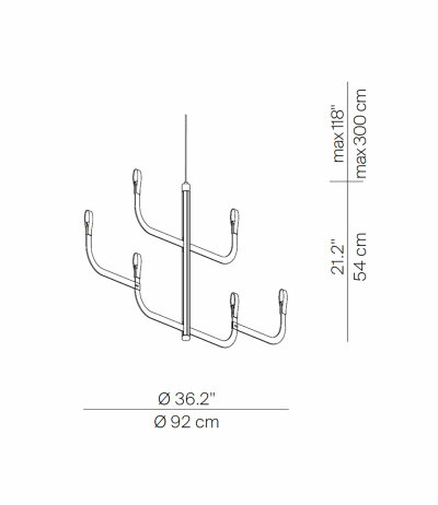 Luceplan J-US A09-C schlanker Kronleuchter Breite 92 cm H&ouml;he 54 cm mit 4 Armen 2700K Design Alessandro Zambelli