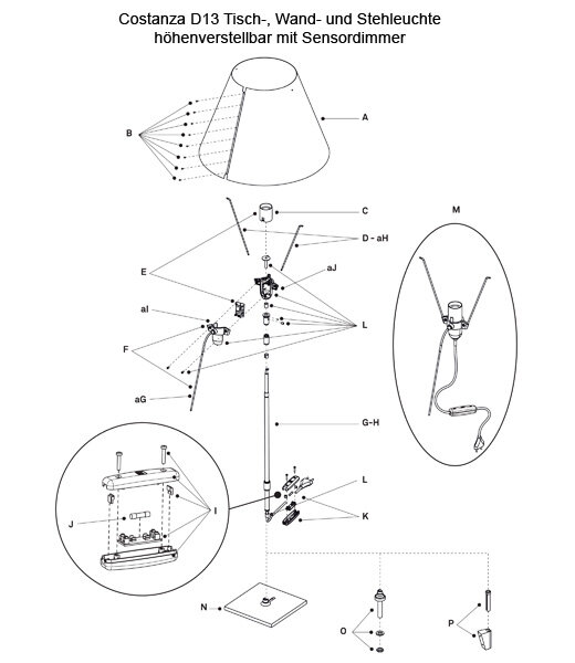 Luceplan Costanza D13 Ersatzteile Pos. D: 2 St&auml;bchen (aluminium) f&uuml;r Lampenschirm