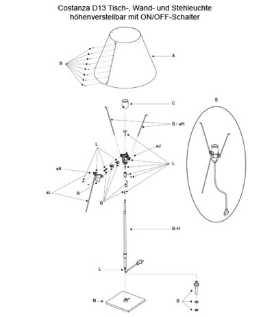 Luceplan Costanza D13 Ersatzteile Pos. D: 2 St&auml;bchen (aluminium) f&uuml;r Lampenschirm