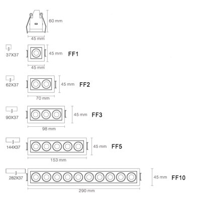 Neko Lighting Fusion FF moderne nicht verstellbare LED-Einbauleuchte 3000K CRI80+ Einbautiefe 60mm f&uuml;r Deckenst&auml;rken 1-26mm L&auml;nge 70mm (Version FF2) / Optik 40&deg; inkl. nicht dimmbaren Betriebsger&auml;t Rahmen Wei&szlig; / Reflektoren Schwarz