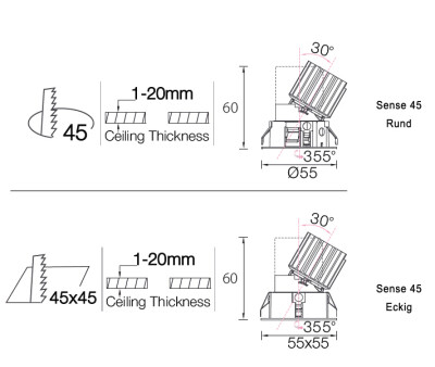 Neko Lighting Sense 45 kompakte dreh-/schwenkbarer LED-Einbaustrahler hoher Sehkomfort 3000K CRI90 f&uuml;r Deckenst&auml;rken von 1-20mm Version Eckig | Optik 18&deg; inkl. TRIAC dimmbarem Betriebsger&auml;t Rahmen Wei&szlig; / Reflektor Wei&szlig;