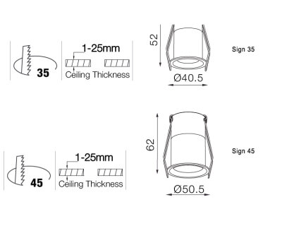 Neko Lighting Sign runder kompakter LED-Einbaustrahler nicht verstellbar hoher Sehkomfort LED 3000K CRI90 f&uuml;r Deckenst&auml;rken von 1-25mm &Oslash;50,5mm (Version Sign45) / Optik 30&deg; inkl. nicht dimmbarem Betriebsger&auml;t Struktur Wei&szlig;