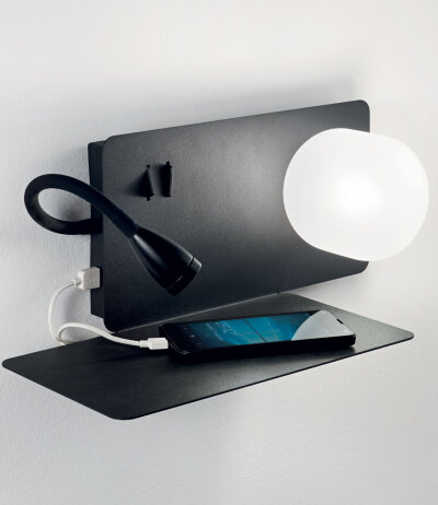 Ideal Lux BOOK-1 AP schwarze Nachttischleuchte mit USB-Steckdose Flexarm links